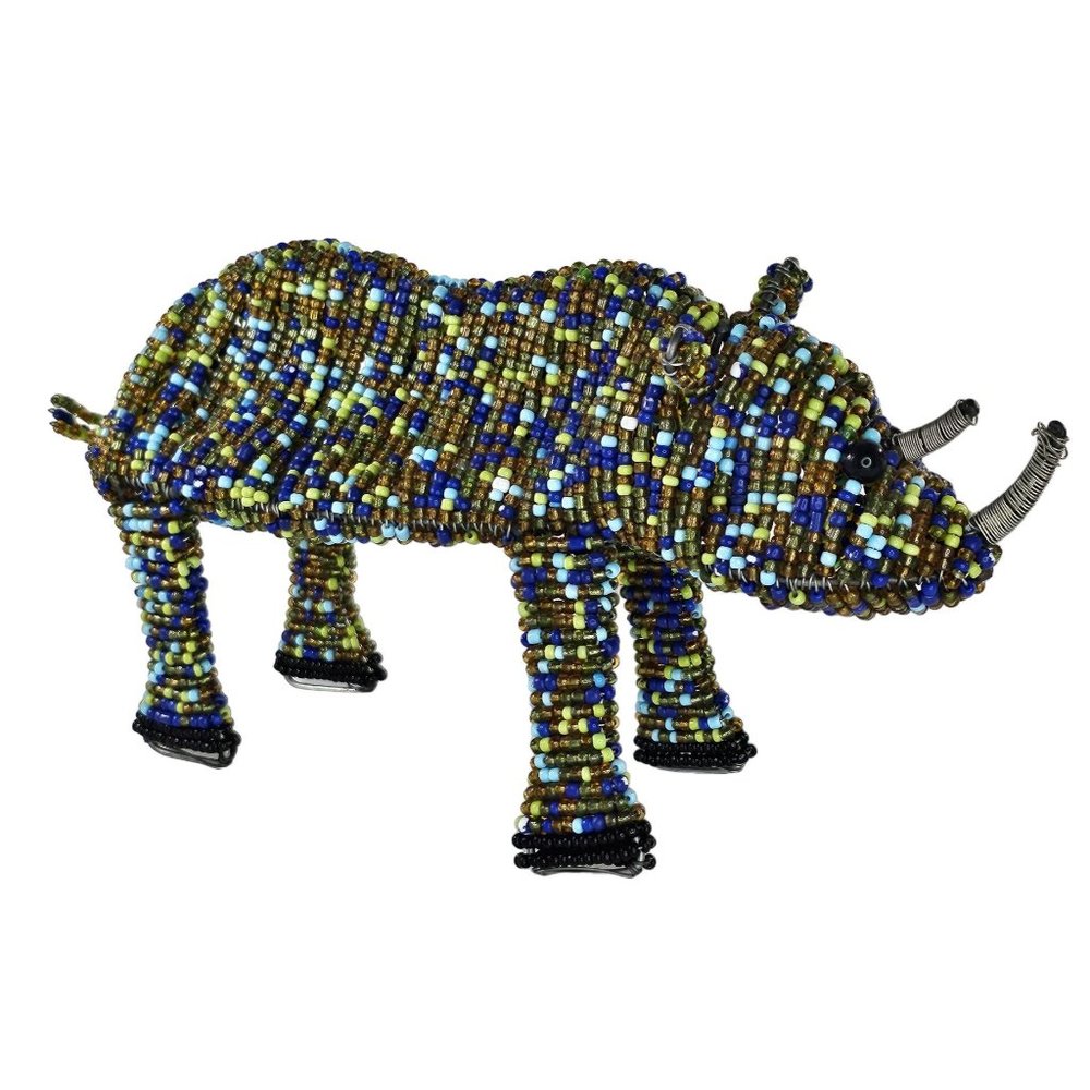 Beaded Rhinoceros Figurine Wire Colorful Blue Green Decorative